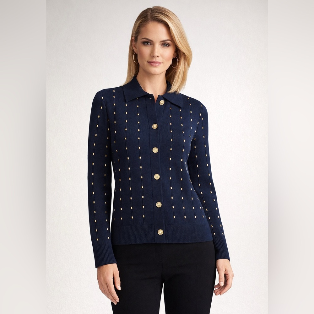 St. John Sport Cardigan Santana Knit Size S Sweater Studs Gold Button Up Blue